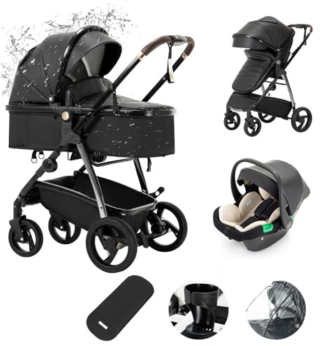 Zkiprm Passeggino Trio, Passeggino 3 in 1 | Passeggino Sistema Combinato con Navicella Ovetto Seggiolino Auto, Coprigambe, Modalità doppia spinta reversibile, carrozzina pieghevole in alluminio