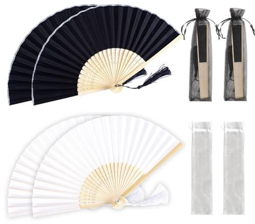 4 Pcs Folding Hand Fans, Fabric Folding Fan with Organza Bags, Bamboo Handheld Fan for DIY Summer Wedding Gift, Dancing, Home Decorations(White, Black)