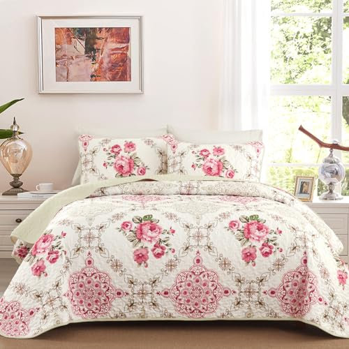 Menghomeus Queen-Bettwäsche-Set, Boho-Stil, rosa, florales Muster, Patchwork, Tagesdecke, wendbar, weiche Mikrofaser, Bauernhaus, Garten, Bett-Sets für alle Jahreszeiten