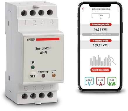 VEMER VE794600 ENERGY WIFI - Smart WLAN Stromzähler für Einphasige Systeme, WiFI Strommessgerät mit App, Montage DIN-Hutschiene, Weiß