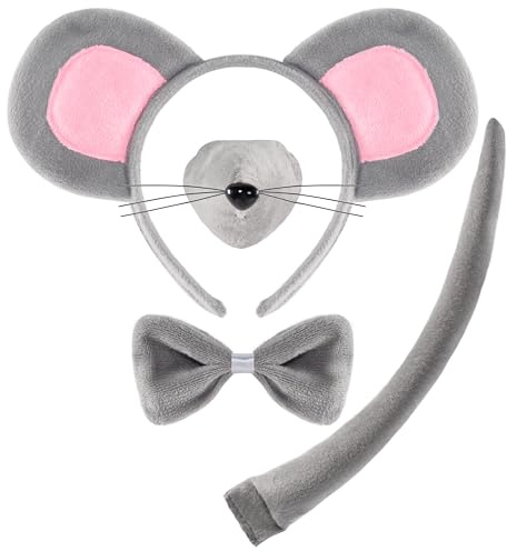 Spooktacular Creations Halloween 4 Pieces Grey Mouse Costume Accessory Set for Adults and Kids, Rat Mouse Ears Headband, Halloween Animal Costume Accessories Set