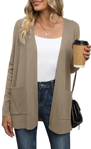 Yommay kofta för kvinnor elegant lös avslappnad lätt kvinnor höst långärmad tröja med fickor, kaki, 3XL plus size