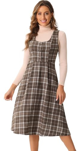 Allegra K Damen Kariertes Vintage Kleid Ärmellos Hohe Taille A-Linie Midi-Latzkleid mit Tasche Braun S