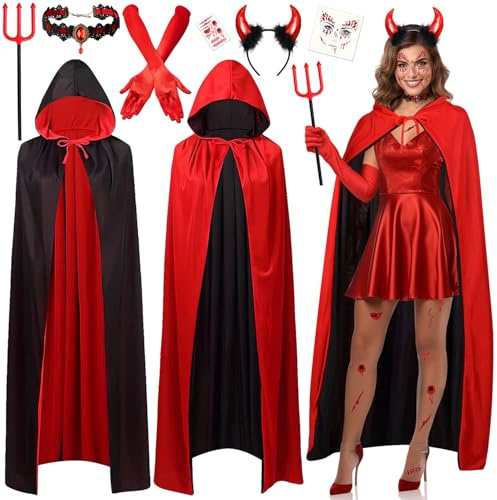 iZoeL Costume Diavolo Donna Mantella Reversibile Mantello con Cappuccio Adulto Costume Carnevale/Halloween/Ball Masquerade - Corna Diavolo Mantello Collana Tatuaggio Demone