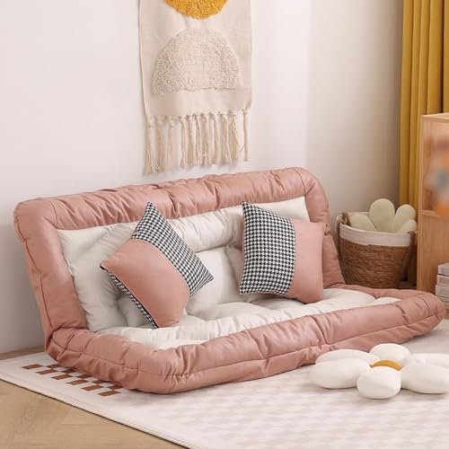KCCRHIN Weiches Flauschiges Klappbares Bodensofa 3 in 1 Futon-Sofa Mit 5-Stufig Verstellbare Rückenlehne Gepolstertes Tatami Klappsofa Einzelsofa Für Erwachsene Kinder Haustiere,Rosa,90 * 90cm