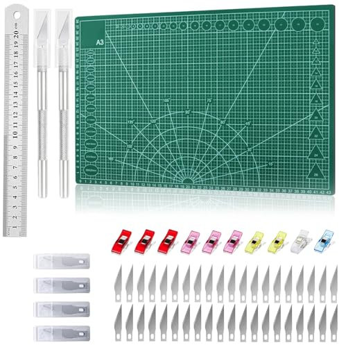 Xmart Schneidematte Set A3 Grün Schneideunterlage Selbstheilende mit Stahllineal 2 Tranchiermesser 42 Klingen 10 Nähklammer Schnittfest Cutting Mat Beidseitig Nutzbar für Handwerkliche Gravuren Malen