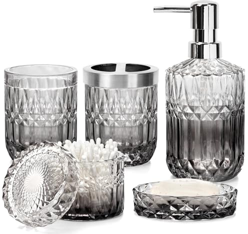 5-teiliges Badezimmer-Set aus Glas, Stilvolle Badezimmer-Deko mit Seifenspender, Zahnbürstenhalter, Wattepad-Halter, Becher, Seifenschale für Waschtisch, Badezimmer (Grauer Farbverlauf)