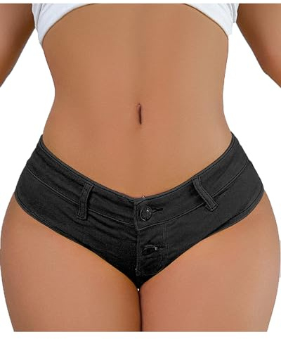 VENDAU Denim Thong Booty Shorts for Women - Sexy Stretchy Micro Mini Daisy Dukes Hotpants Hot Pants (US, Alpha, Small, Regular, Regular, Black)