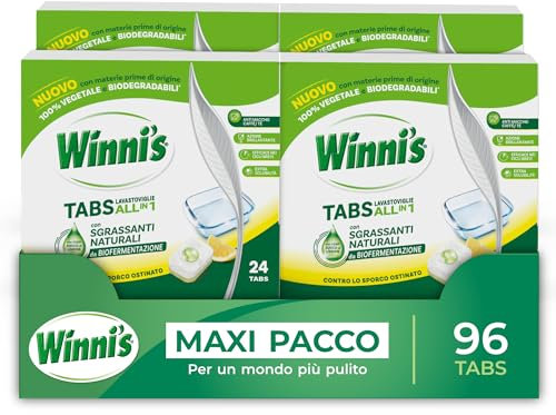 Winni's - Pastiglie per Lavastoviglie, 96 Tabs, Detersivo Multiazione Detergente, Sgrassante, Antiodore e Brillantante, Fragranza di Limone, con Materie Prime di Origine Vegetale, Confezione da 4