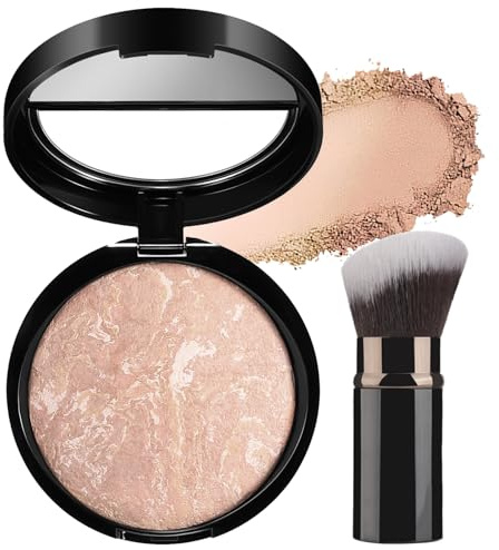 Colour Correcting Powder Foundation with Brush, Baked Foundation for Mature Skin, Brighten Illuminating Color Correcting foundation, Medium to Full Coverage, Oil-Control Smooth Makeup