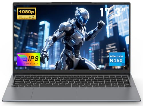 NAIKLULU 17.3 Pouces Ordinateur Portable Gaming, N150 Processor(1,2 à 3,6GHz), RAM 16GB SSD 1To Pc Portable Laptop Computer, 6000Mah/Clavier Complet Rétroéclairé/Webcam/Carte TF/Type-C/Touchpad
