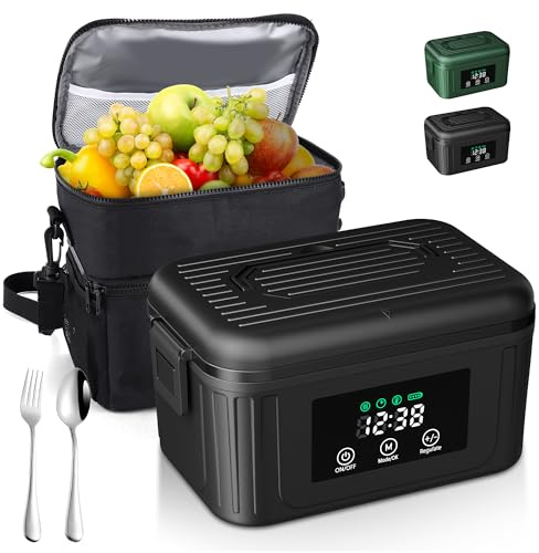 Aurevit Cordless Electric Lunch Box for Adults, 1.4L Heated Lunch Box for Men with Smart Meal Scheduling & Auto Keep Warm, Portable Food Warmer for Car with Insulated Bag, Ice Pack (Meteorite Black)