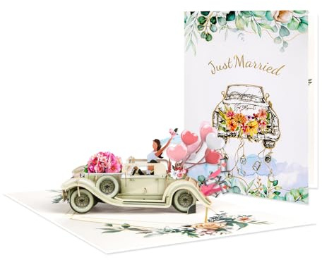 DORAFIORA® 3D Pop-Up Karte Hochzeit – Just Married Glückwunschkarte Auto mit Brautpaar & Herz-Ballons | Romantische Hochzeitskarte zur Vermählung, Standesamt & Hochzeitsgeschenk | inkl. Umschlag