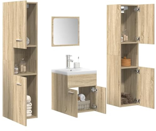 Bladez Ensemble de 5 meubles de salle de bain en chêne Sonoma avec lavabo en céramique, armoires suspendues 30 x 30 x 130 cm, armoire sur pied 41 x 38,5 x 46 cm, miroir 40 x 37 cm, pour salle de bain