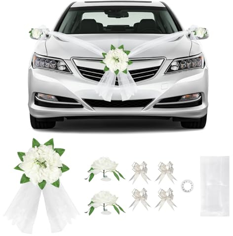 SUPAWAY Decorazione Auto Matrimonio, Set con 1 Fiore per Paraurti Anteriore, 1 Nastro di Tulle (4,7m), 2 Fiori per Specchietti, 4 Nastri Decorativi, ecc. – Adatto alla Maggior Parte dei Modelli