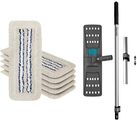 OKAEI Wischmop-Komplettset 50 cm – 6er Set: 6× Wischmopp-Bezug Blau‑Weiß‑Beige + Klapphalter & Alu-Teleskopstiel – Für Trocken- & Nassreinigung – Ideal für Haushalt & Gewerbe