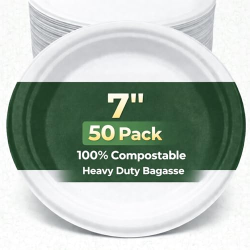 Ruiyang 50 Pack Extra Strong White Disposable Bagasse Plates, 7 Inch – 100% Compostable & Biodegradable Sugarcane Fibre Plates, Heavy-Duty Eco-Friendly for BBQ, Wedding, Office, Picnics & Parties