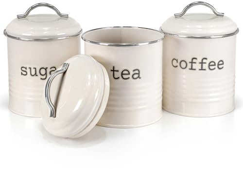 Besto Kitchen Canisters Tea Coffee Sugar Jars | Kitchen Canisters Set of 3 with Airtight Lids & Stainless-Steel Handle | Kitchen Storage Canisters for Home | Cream