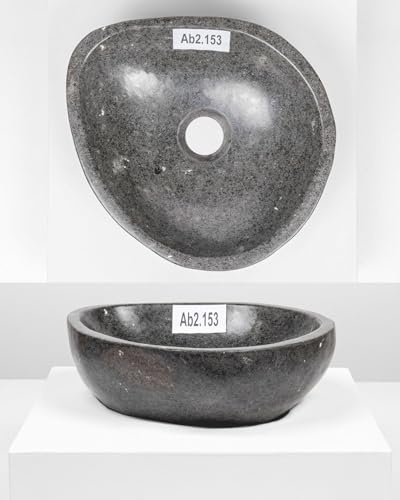Lavabo en pierre naturelle - 35 cm - Pierre de rivière - Gris - Ovale - Extérieur poli WOHNFREUDEN
