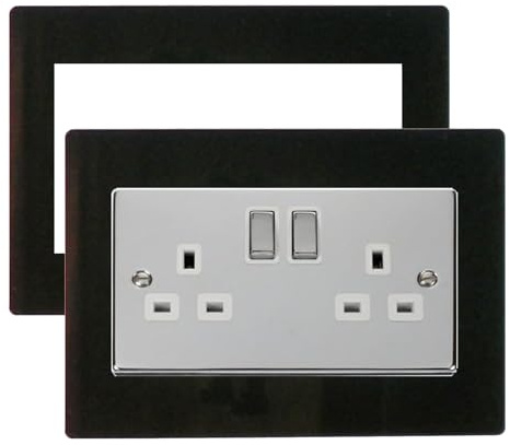 Oiieco 2 Pcs Light Switch Surround, Double Socket Wall Plate Cover in Black, Acrylic Switch Surrounds for UK 14.6cm x 8.6cm Standard Switches, Decorative Frame for Home Wall Switch Decoration