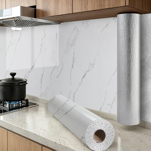 White Marble Self Adhesive Wallpaper Peel and Stick Wallpaper, 2.3mm Thick Sticky Back Plastic Vinyl Removable Paper Thermal Waterproof Insulating Wall Covering Roll For Kitchen Splashbacks Bathroom