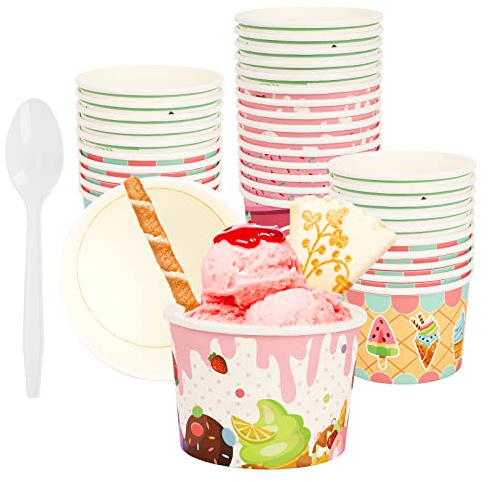 GLAITC 24 Pcs Paper Ice Cream Cups 240ml Ice Cream Tubs and Spoons Hawaiian Paper Dessert Bowls for Sundae Ice Cream Frozen Yogurt Cakes Soup