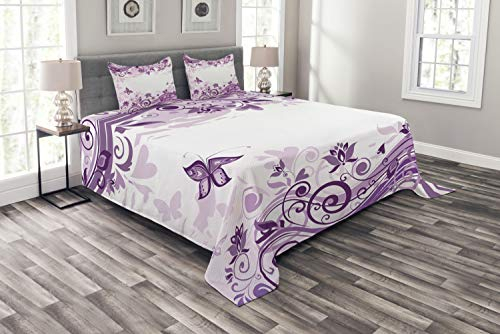 ABAKUHAUS Mauve Tagesdecke Set, Vintage-Stil Floral Zweige, Set mit Kissenbezügen Waschbar, für Doppelbetten 220 x 220 cm, Lila