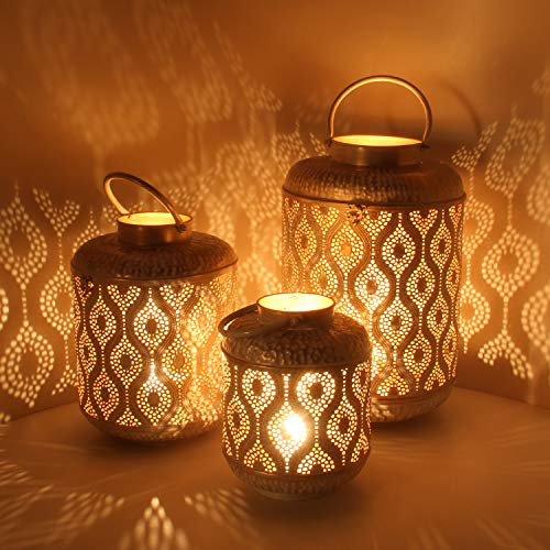 Orientalische Laterne Suraya im 3er Set in Shabby Chic Weiss Gold Metall marokkanisches Windlicht stehend & hängend mit Henkel für Muttertag Ostern Deko Geschenk IRL5010