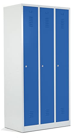 Schrank & Stuhl Spind – Metallspind mit 3 Abteilen in 180 x 90 x 50 cm, Schließfachschrank mit Hutboden & Zylinderschlössern, Lieferung komplett montiert, Grau/Blau