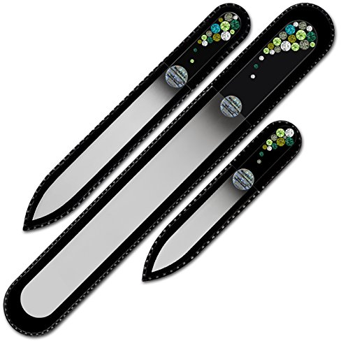 Mont Bleu Set bestehend aus 3 Glasnagelfeilen von Hand dekoriert mit Swarovski Elements - geliefert in einer Hülle aus schwarzem Samt - Echtem gehärteten Glas