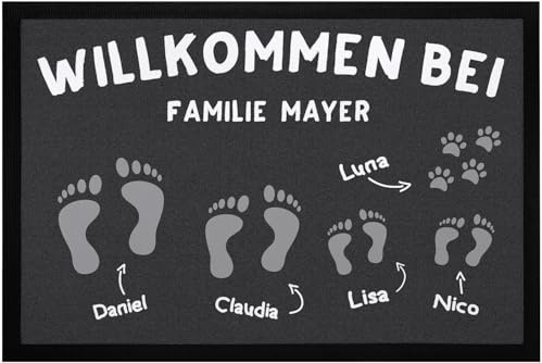 SpecialMe® Fußmatte Willkomen bei Familie und Wunschname Fußabdrücke personalisierbar rutschfest & waschbar Weiss 60x40cm
