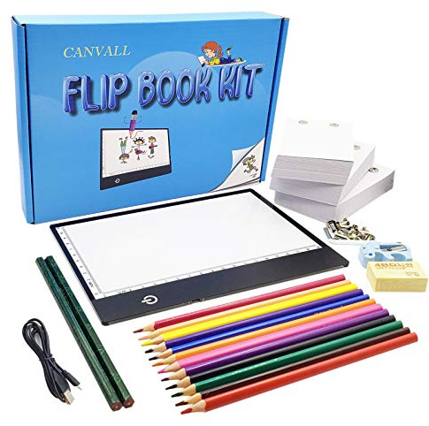 Canvall Flipbook Kit zum Zeichnen und Nachzeichnen, enthalten:A5 LED Light Box, 540 Seiten animiertes Loseblattpapier, 2 HB +12 farbige Zeichenstifte, Bleistiftspitzer, Radiergummi, Schraubendreher
