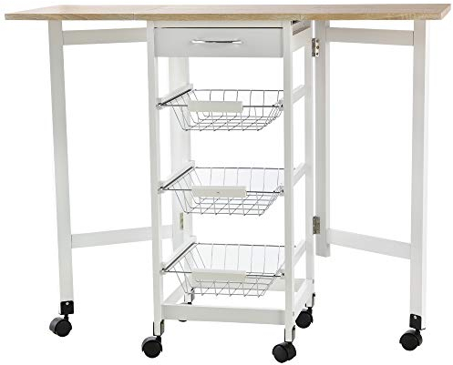 HOMCOM Carrello Portavivande Pieghevole a 6 Ruote con 3 Cestini, Cassetto e 2 Ribalte, Carrellino per Cucina in MDF e Metallo, 37x37x77.5 cm, Bianco e Legno