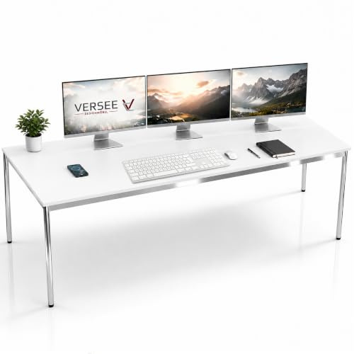 VERSEE Schreibtisch 200 x 90 cm Weiß, stufenlos manuell höhenverstellbar 75,5–90 cm, bis 200 kg belastbar, SYSTEM8X, Made in Germany