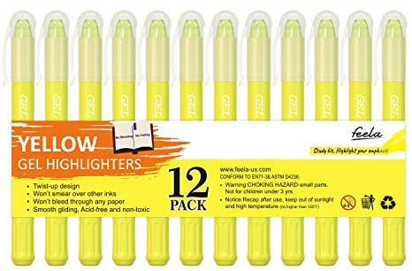 feela 12 Pack Yellow Gel Bible Highlighters Markers Journaling Supplies, No Bleed Through For Highlighting Journal School Office