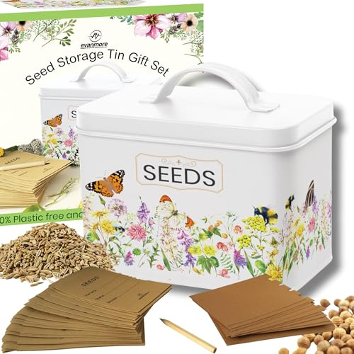 Evanmore Saatgutaufbewahrungsdose Garten Samen Paket Organizer Metallbox Behälter Geschenkset mit Trennwänden, Umschlägen, Deckel, Bleistift 100% Plastikfrei, Umweltfreundliches Gartengeschenk