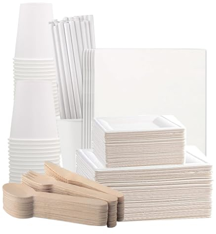 various Vajilla Desechable Ecológica 394 Piezas para 48 persona, Platos Desechables Elegantes Protección Vajillas Cubiertos Completas con Servilletas Vasos Pajitas para Cumpleaños Fiesta Camping