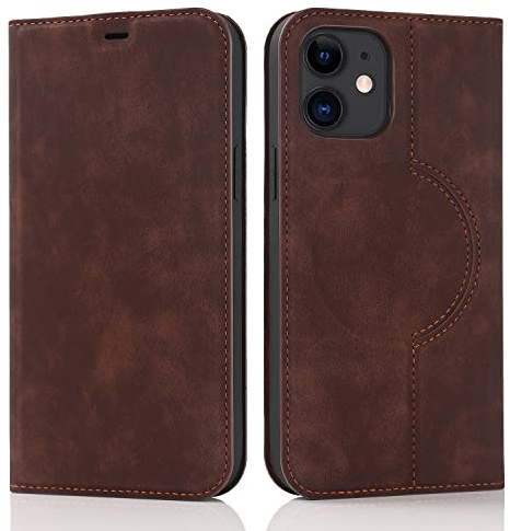 QLTYPRI Hülle für iPhone 12/iPhone 12 Pro Kompatibel mit MagSafe, Ledertasche Handyhülle [RFID Schutz] Flip Case mit Kartenhalter Ständer Magnet Klapphülle für iPhone 12/iPhone 12 Pro - Kaffee