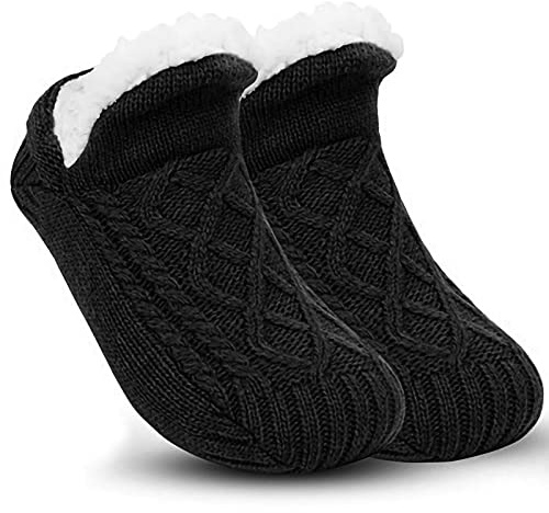 Malaxlx Noir Chaussettes Chaussons pour Femmes Hommes, Chaussettes Chaudes et Moelleuses Tricotées Épaisses en Peluche Doublées de Sherpa Antidérapantes Hiver Maison Chaussettes