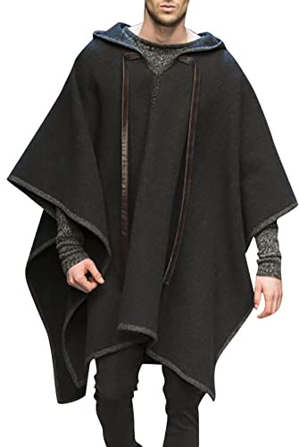 Poncho Men Ponchos Adult Wool Poncho Men Poncho Men Mens Poncho Mexican Poncho Style Cloak with Hood Men(Black,Large)