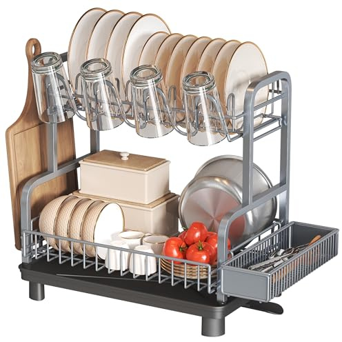 romision 2 Tier Dish Drainer Rack, Dish Drainer with Drip Tray, Stainless Steel Dish Rack with Utensil Holder, Cutting Board Holder and Cup Rack for Kitchen Counter