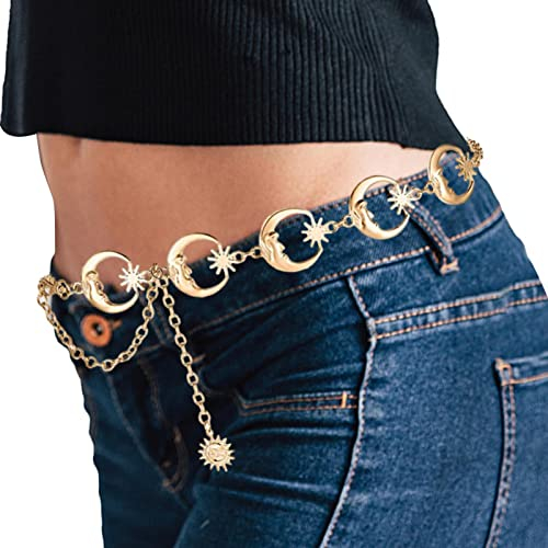 Facynde Kettengürtel für Damen - Metallglied Mond Stern Körperkette - Vintage Kleidergürtel Metallketten für Damen Mädchen Kleid Geschenk