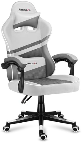huzaro Force 4.4 Ergonomischer Gaming Stuhl - PC Stuhl für Gaming | bis 130 kg belastbar - Kopfstütze Lendenkissen - Stoff Kunstleder - Höhenverstellbar Wippfunktion - Weiß