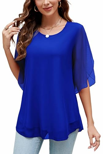 Actcat Damen Rüschen 3/4 Ärmel Mesh Blusen Lose Flowy Tops Stretch Shirts crinkle bluse damen elegant damenblusen elegant mesh shirt damen umstandsbluse elegante blusen