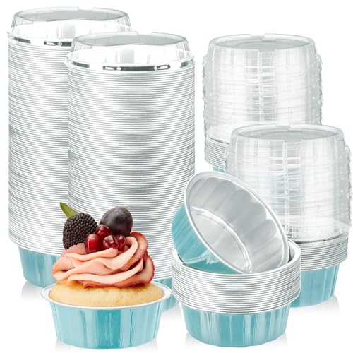 Tessco for you Lot de 100 ramequins jetables avec couvercles, 236,8 g, en feuille d'aluminium, pour cupcakes, muffins, cheesecake (bleu, argent)