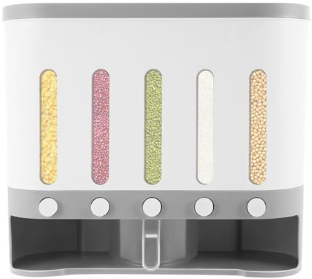 TRIEBAN Distributeur de nourriture sèche mural, 5 grilles de 10 l, contrôle libre de la distribution des aliments, boîtes de conservation, boîte de rangement pour nourriture sèche pour la maison et la