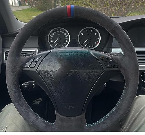 BORATO Handgenähter Lenkradbezug aus schwarzem Wildleder für BMW E60 (Limousine) E61 (Touring) 530 523 523li 525 520li 535 545i