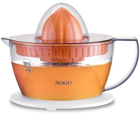Sogo Exprimidor Eléctrico Automático Para Naranja Y Limón Con 2 Conos Y Tapa -Silencioso Con Giro Doble Sentido Y Jarra 0,5L - Exprimidor De Zumo Libre De BPA Con Limpieza Fácil 40W
