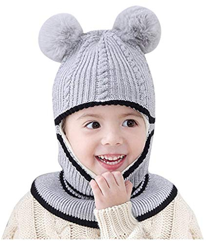 DUHGBNE Kinder Strick Mütze häkeln Winter warm Jungen Pompon Schal Mädchen Kleinkind Baby Babypflege Overall Kinder (Grey, One Size)