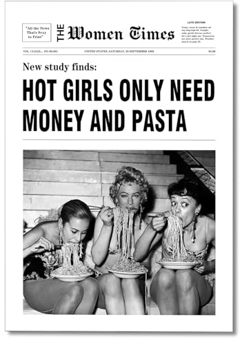 nghtuiyocw Leinwand-Kunst, Vintage-Stil, Schwarz und Weiß, Motiv: Mädchen haben Spaß, Zeitungsdruck, ästhetisches Poster, Frauen, die Pasta essen, trendige, flippige italienische Küche,